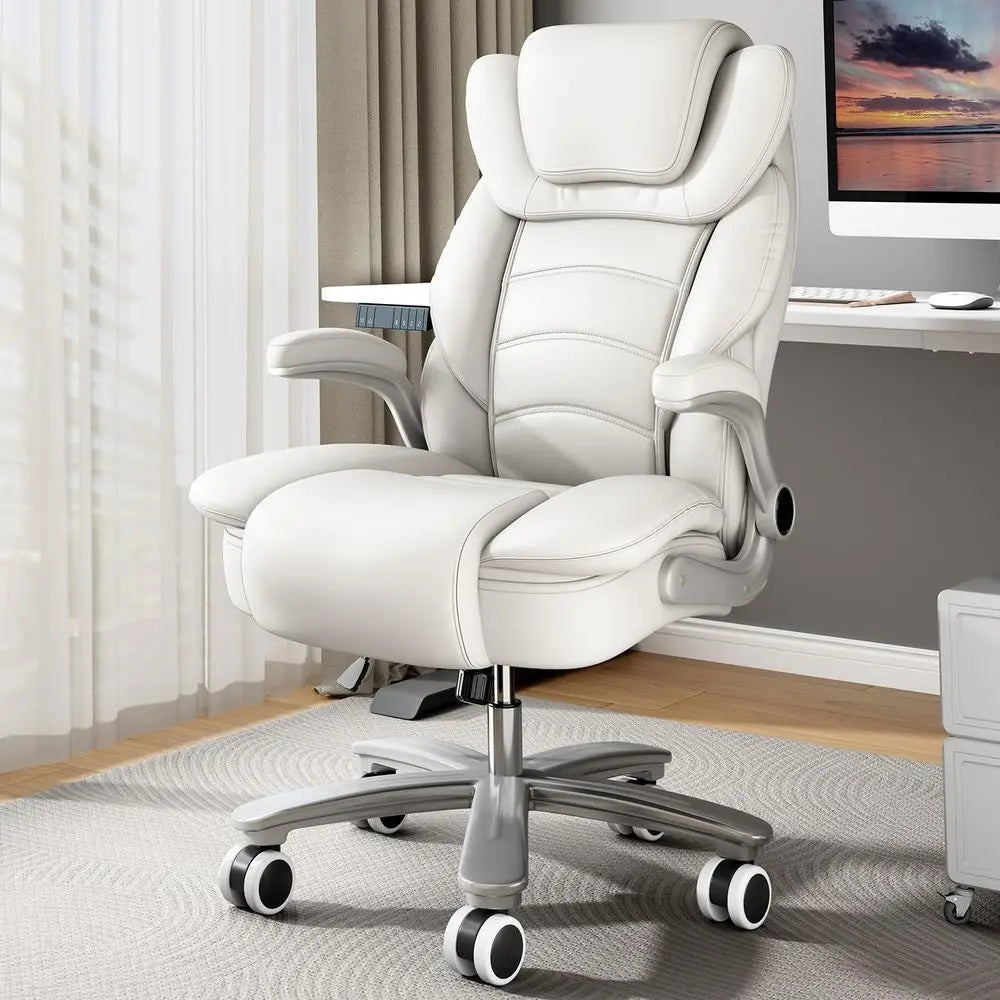 Ergonomic Leather Executive Chair with Wide Seat for 400lb Capacity, High Back and Flip-Up Arms, White | Kimlud Luxury Home