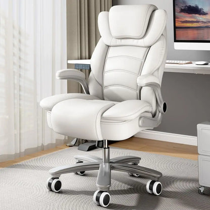Ergonomic Leather Executive Chair with Wide Seat for 400lb Capacity, High Back and Flip-Up Arms, White | Kimlud Luxury Home