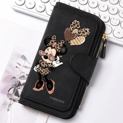  Mickey Minnie Lady Long Zip Wallet Buckle Tote Bag Coin Purse Soft PU Leather Multi-functional Card Holder Casual Daily