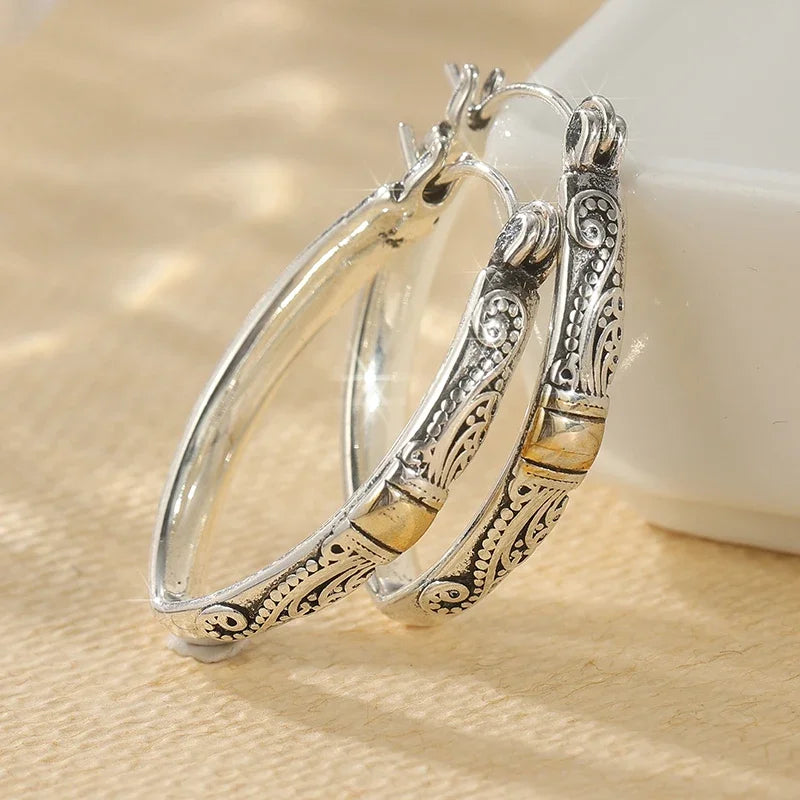 Ethnic Silver Color Carving Pattern Hoop Earrings Bohemian Style Vintage Earrings For Woman Vintage Jewelry Accessory