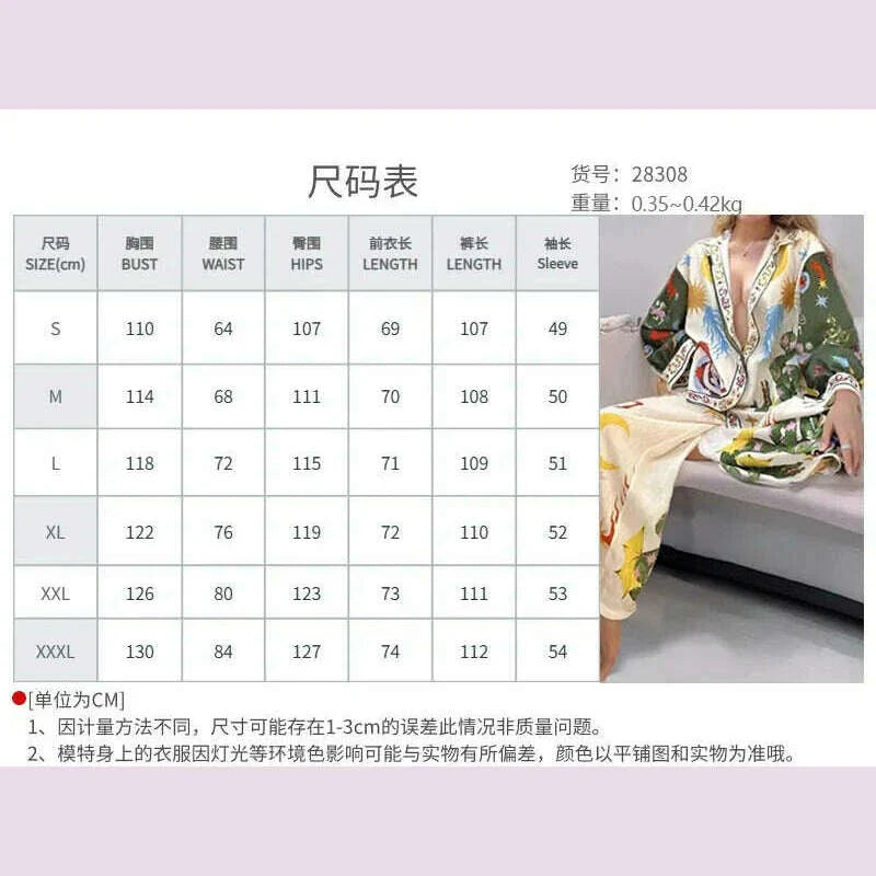 Long Sleeve Long Pant Sets Women  Retro Lapel Single Breasted Blouses Trousers 2 Piece Set Printed Color-blocking Elastic Waist