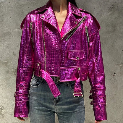 Shiny Blue Women Leather Jacket Real Lambskin Leather Cloth Streetwear Leather Jackets