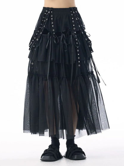 [EAM] High Elastic Waist Coffee Mesh Perspective Ribbon Strap Half-body Skirt Women Fashion Tide New Spring Autumn 2026 1DJ5044