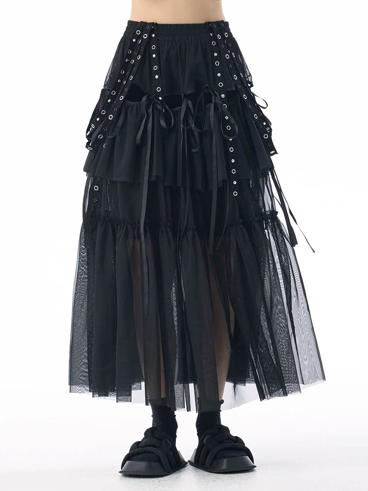 [EAM] High Elastic Waist Coffee Mesh Perspective Ribbon Strap Half-body Skirt Women Fashion Tide New Spring Autumn 2026 1DJ5044