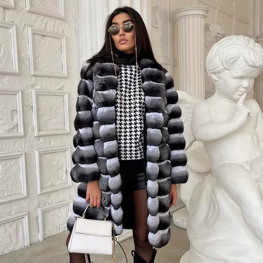 Women Natural Rex Rabbit Fur Coat With Fur Collar Warm Winter Jacket Women Warm Chinchilla Fur Jacket Real Fur Coat New
