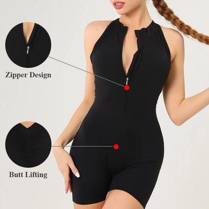 Scrunch Gym Jumpsuit Women's Fitness Suit Short Sets Sports Overalls for Woman Tracksuit Yoga Clothing Zipper Workout...