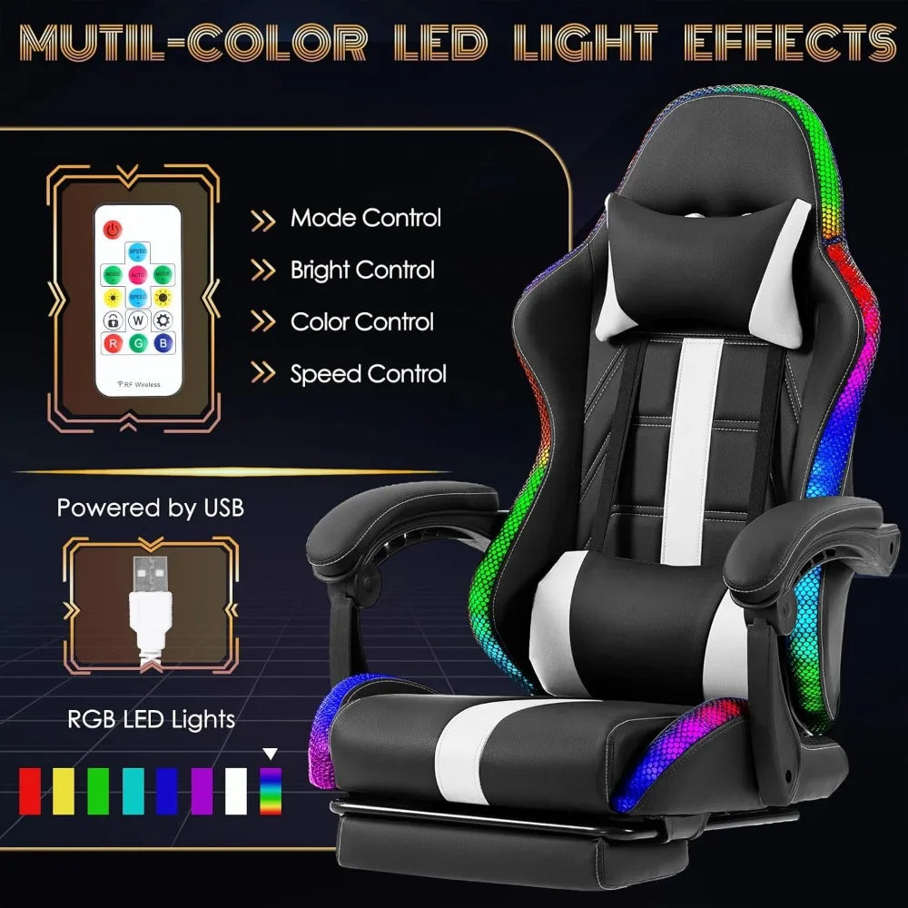 Massage Gaming Chair, Video Game Chair with LED Lights, Ergonomic Computer Chair with Footrest and Lumbar Support, Heig