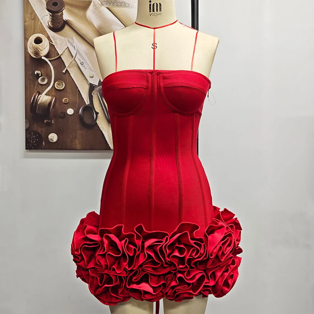 Stereoscopic Flowers Back Laceing Strapless Solid Bandage Mini Evening Dress Sweet Woman Birthday Party Patchwork Lace Up Dress