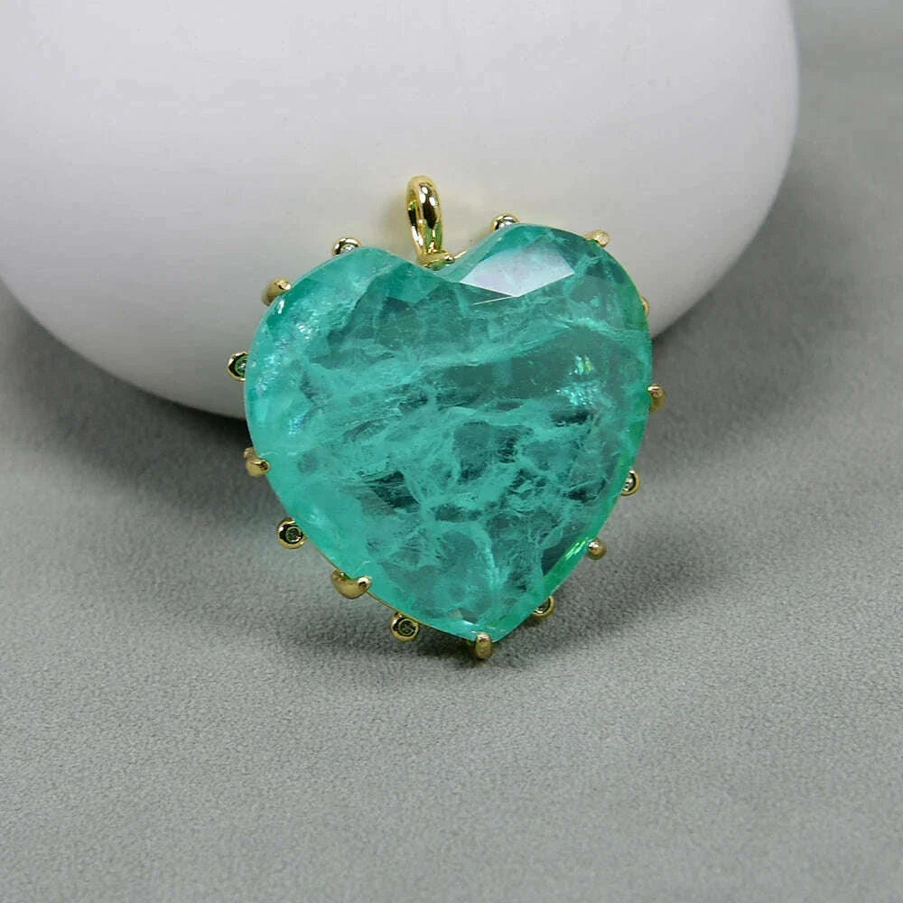 APDGG 2 Pcs Cz Green Crystal Natural Quartz Stone Heart Shaped Gold Plated Pendant DIY Fashion Jewelry Necklace Making DIY