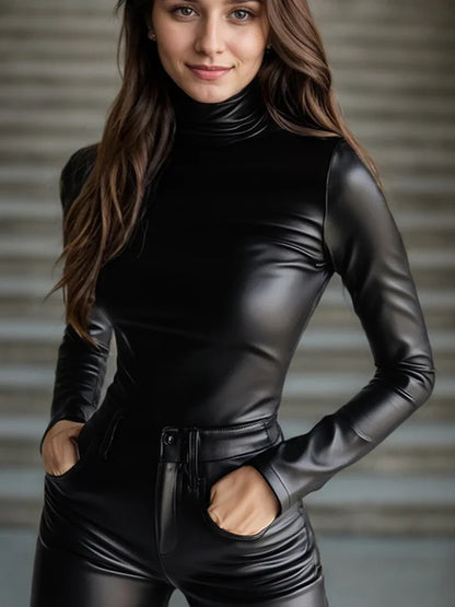 Fashion Fuax Leather PU Tops for Women Turtleneck Long Sleeve Solid High Street Gothic Vintage Casual Tee Top for Spring 2025