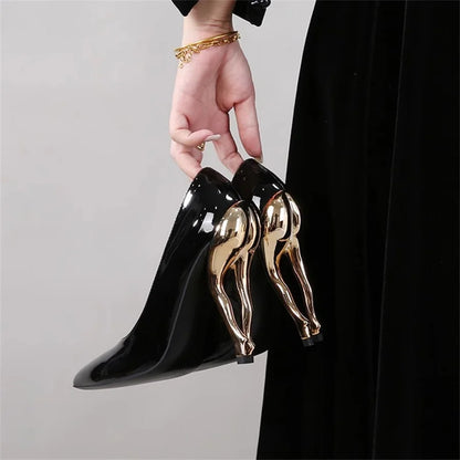 Deigner Gold Hip High Heels Runway Women Pumps Pointed Toe Strange Heel Dress Shoes Black Patent Leather Ladies Stiletto