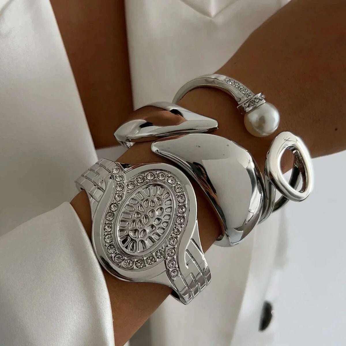 IngeSight.Z Exaggerated Large Inlaid Rhinestone Watch Shaped Heavy Metal Spring Bangles Women's Classic Statement Party Jewelry