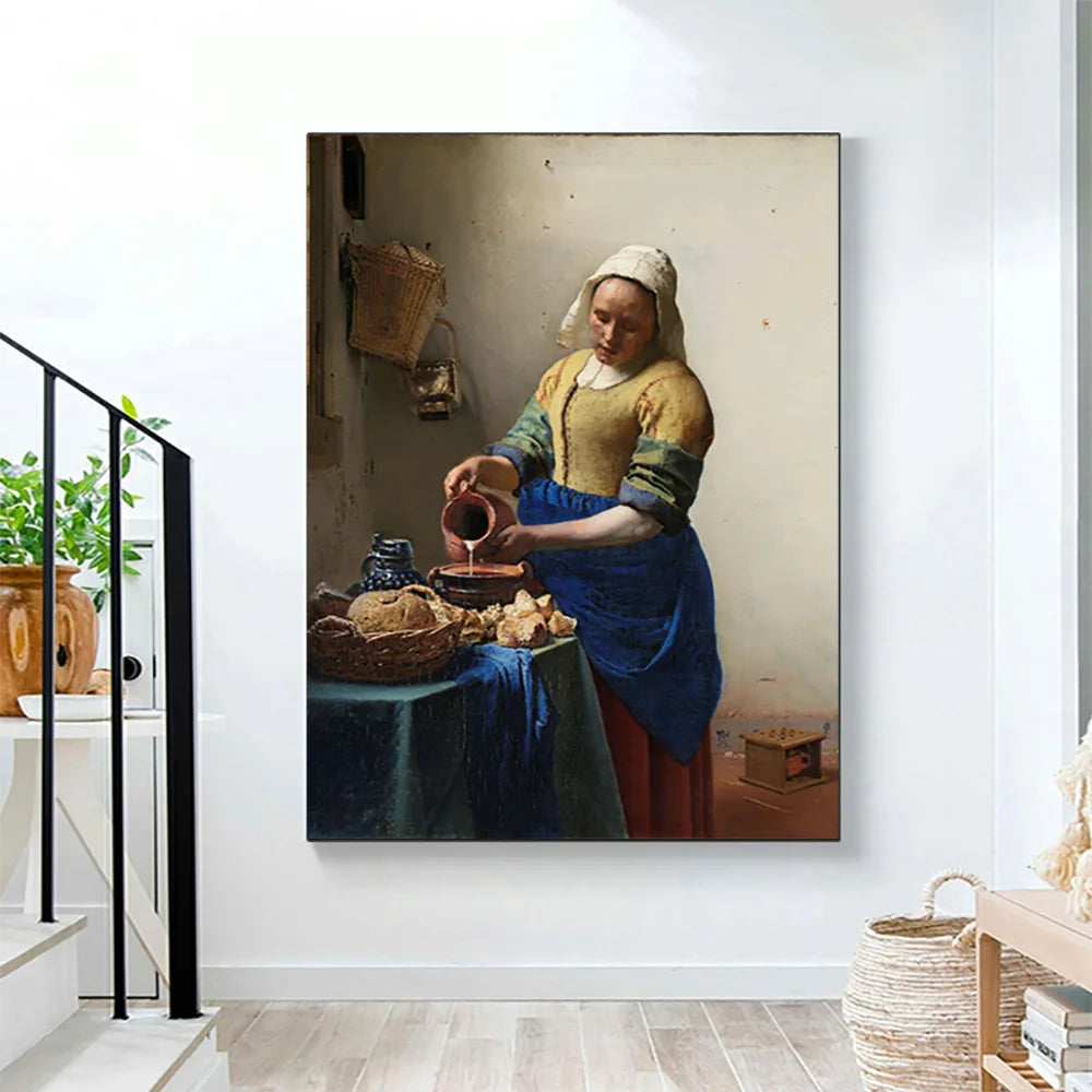 The Milkmaid By Johannes Vermeer Woman Famous Canvas Oil Painting Posters and Prints Wall Art Picture Living Room Decor Cuadros