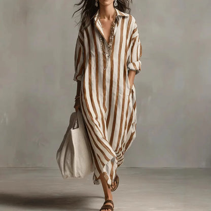 2026Spring Summer Casual Elegant Turn Down Collar Breathable Dress For Women Party Dress Boho Striped Printed Loose Beach - Kimlud