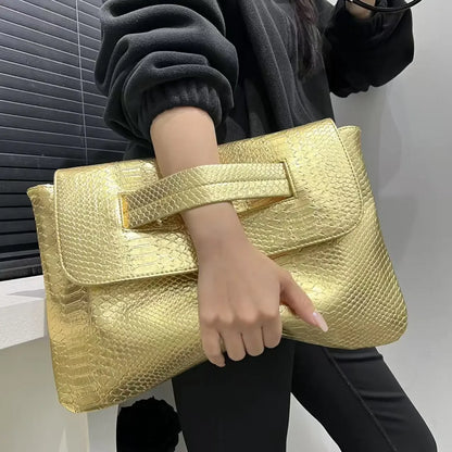 Ladies' fashionable retro coarse snake pattern handbag with high capacity and detachable shoulder strap shoulder bag