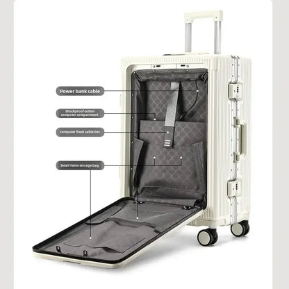 Front Opening Large Capacity Rolling Luggage Case Aluminum Frame Trolley Case USB Charging Boarding Suitcase With cup holders