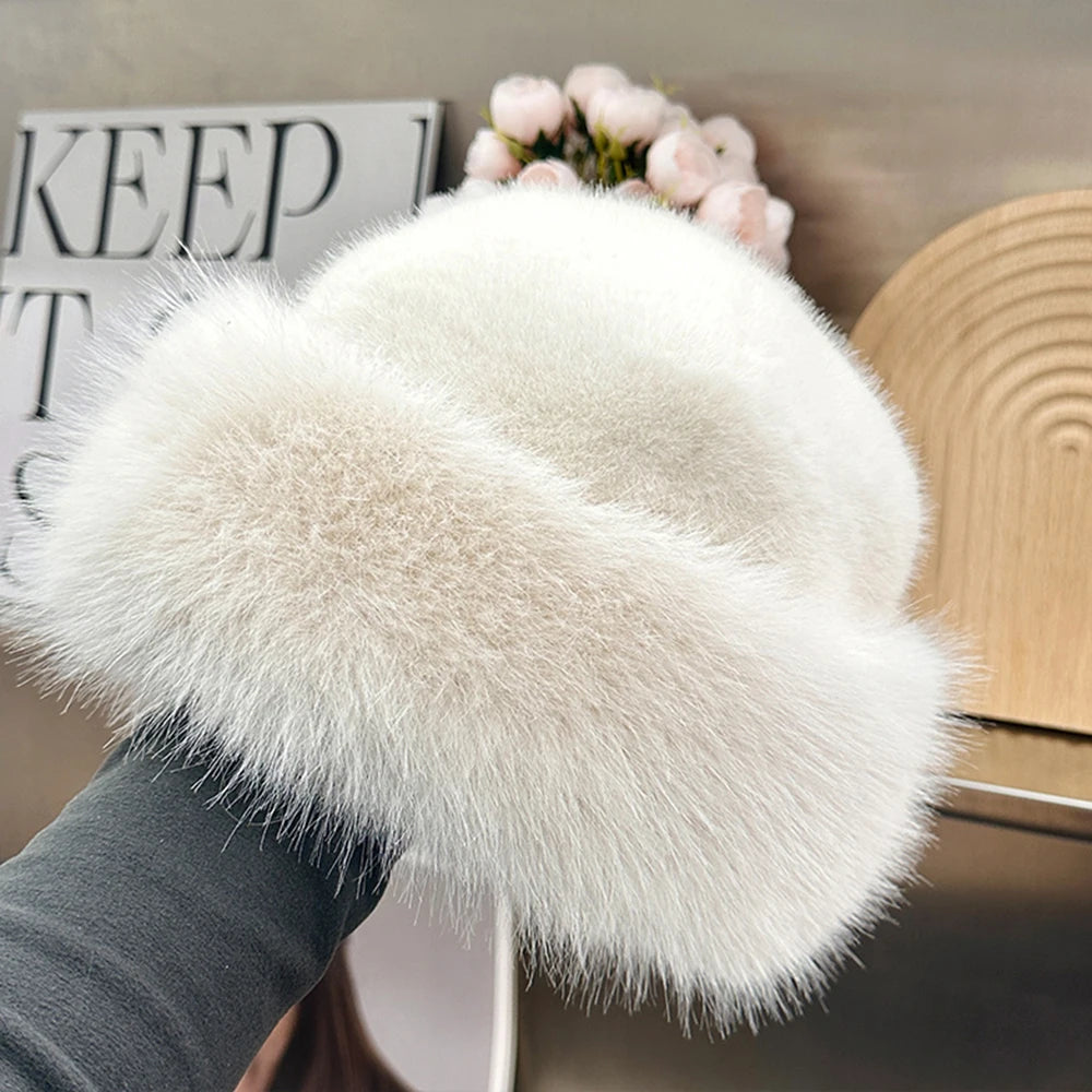 New Style Fake Fox mink Fur Hats Super Soft Women Winter Hat Cotton Lining Warm Russian Fashion Ski Beanies Plush Solid...