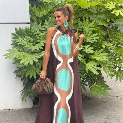Casual Print Halter Neck Leace-up Long Dresses Women Summer New Vacation Style Loose Maxi Dress Female Vintage Commuting...