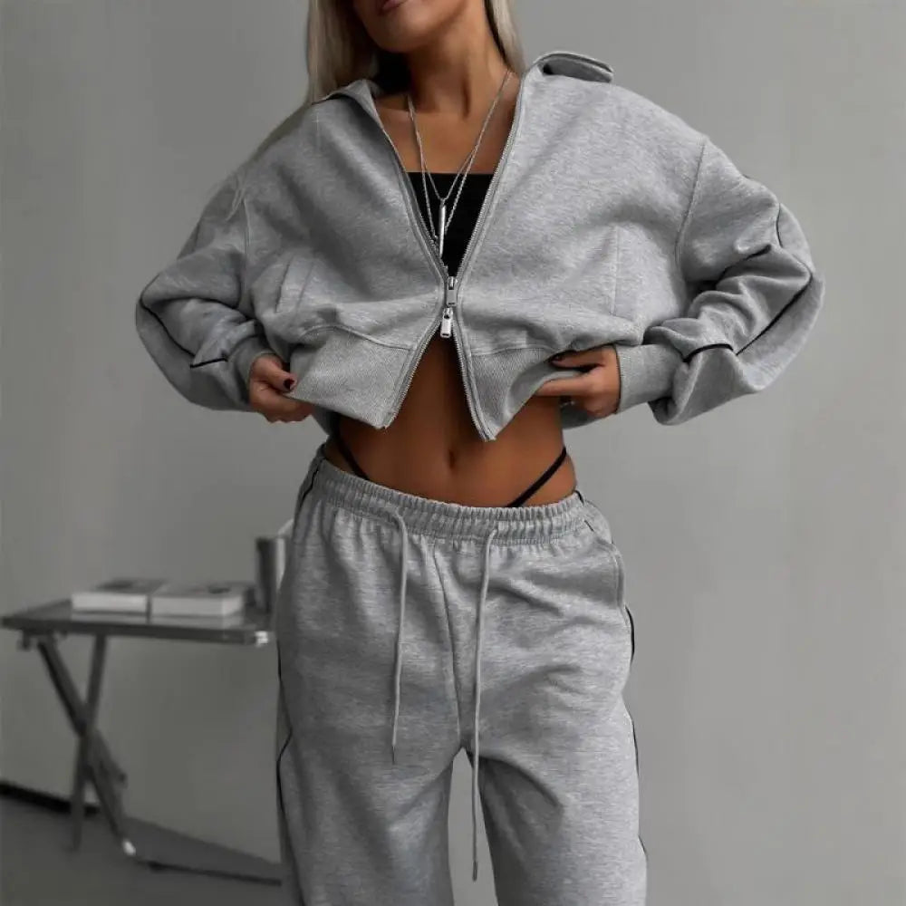 Casual Fashion Suit Ladies Zipper Cardigan Jacket Sports Tether Trousers Two-Piece Ladies Street Style Suit - Kimlud