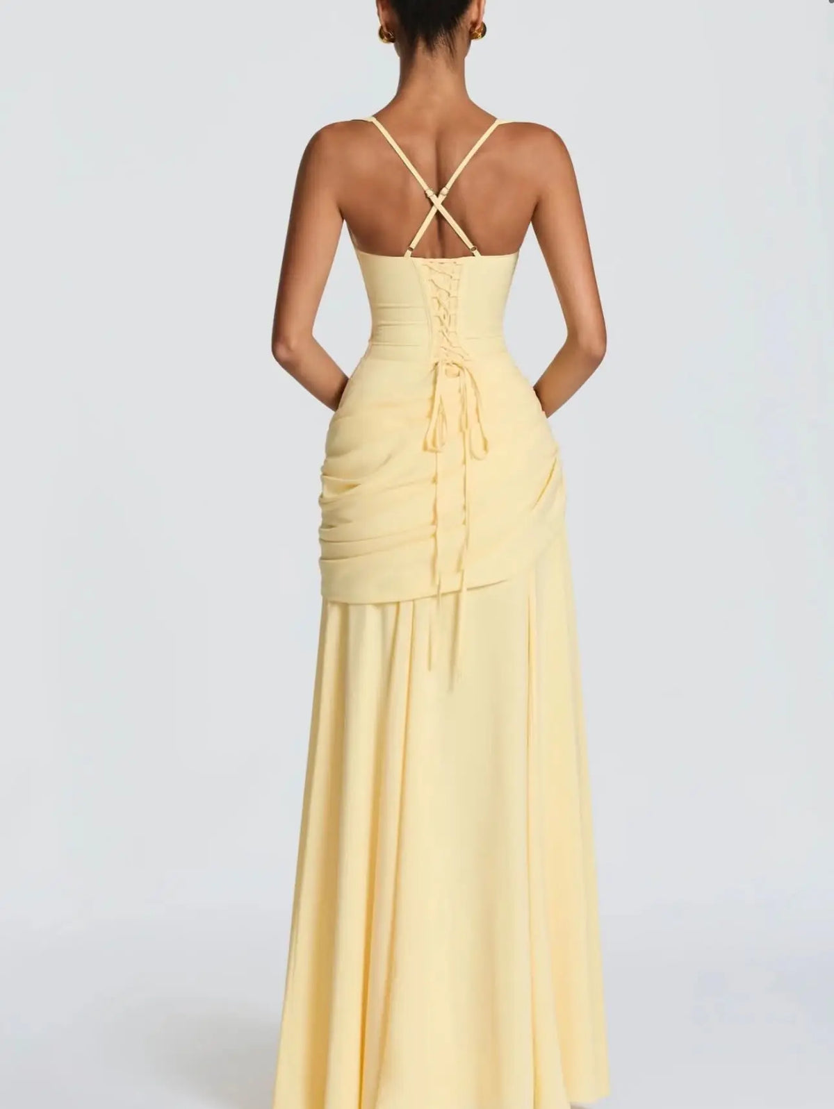 Ofherown 2026 Yellow Spaghetti Strap Evening Dress Prom Gown A-Line Formal Party Dress With Ruched Waist & Lace-Up Back