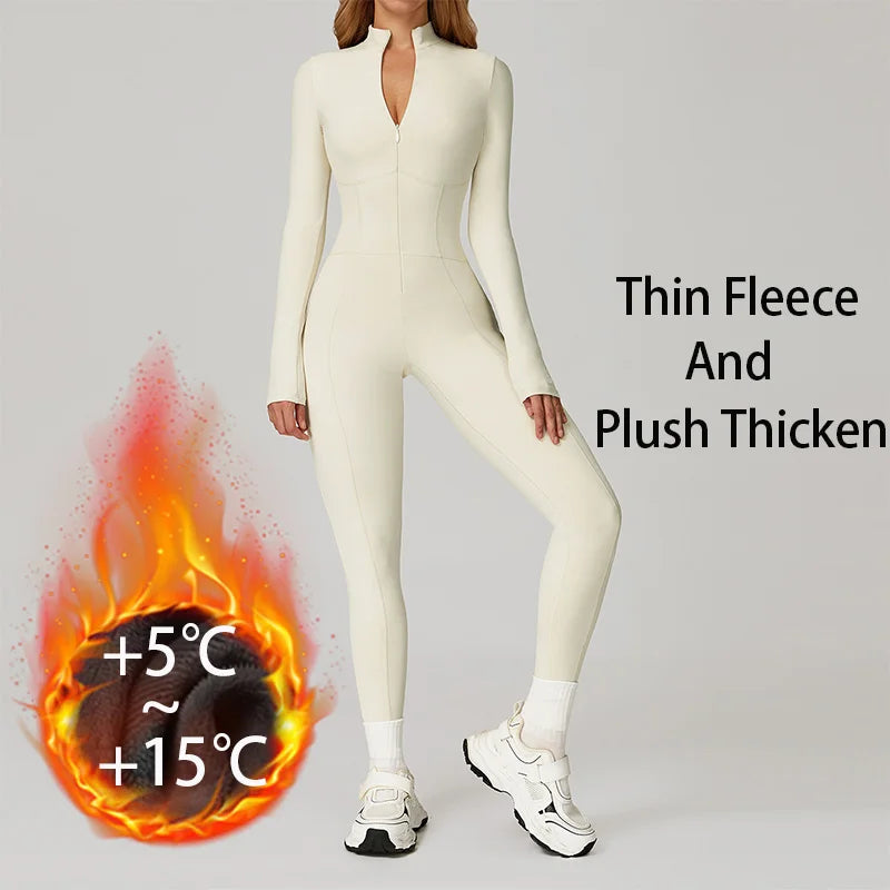 Winter Warm Fleece Sports Jumpsuits Fitness Suits Women's Sportswear Zipper Long Sleeves Tops One-Piece Dance Bodysuit Female - Kimlud