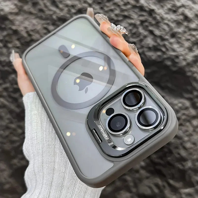 Luxury Magnetic Shockproof Phone Case For iPhone 15 14 13 12 11 16 17 Pro Max Plus 16E Funda Stand Glass Lens Protection Cover