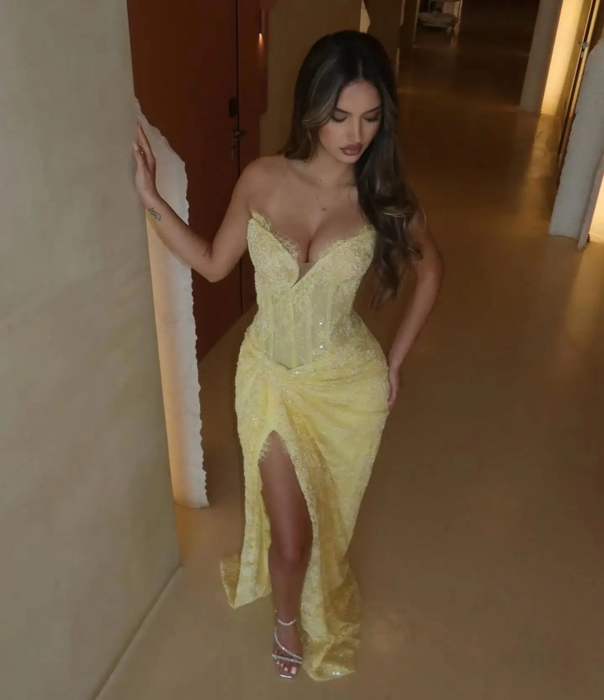 Strapless Frayed Edge Sweetheart Corset Prom Gown Glitter Lace Twisted Waist High Thigh Slit Wedding Guest Formal Dress