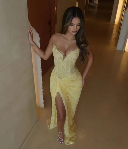Strapless Frayed Edge Sweetheart Corset Prom Gown Glitter Lace Twisted Waist High Thigh Slit Wedding Guest Formal Dress