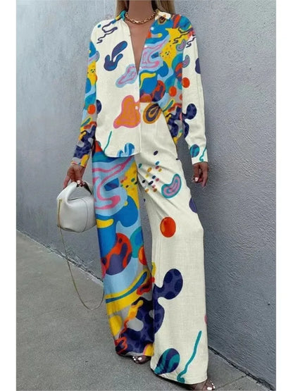 Spring Autumn New In Print Pant Sets Women 2024 Fashion Long Sleeve Shirts Wide Leg Trousers Two Piece Sets Trendy Streetwear