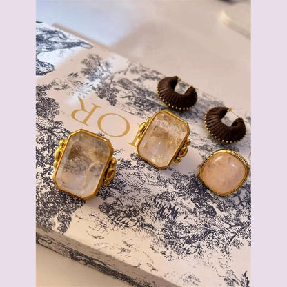 Fashion Square Natural Stone Crystal Ring Gold Color Metal for Women Brass Jewelry  2024 Light Luxury European And American