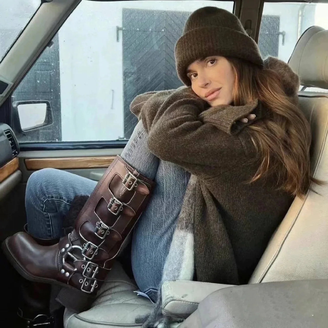 Arden Furtado 2025 Genuine Leather Platform Rivet Motorcycle boots Round toe Belt buckle Block heel mid wide calf Western boots