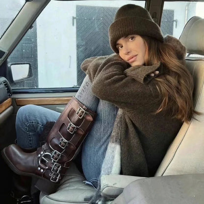 Arden Furtado 2025 Genuine Leather Platform Rivet Motorcycle boots Round toe Belt buckle Block heel mid wide calf Western boots