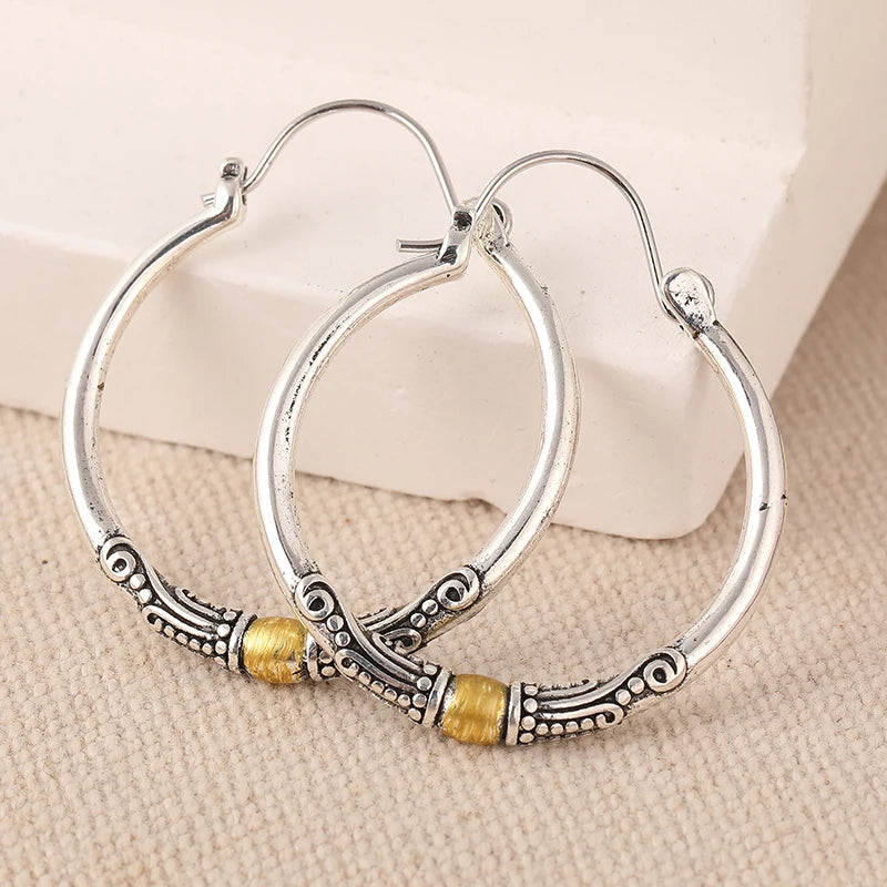 Vintage Exquisite Two-tone Textured Designed Hoop Earrings for Women Bohemian Style Fashion Vacation Banquet Jewelry Accessories