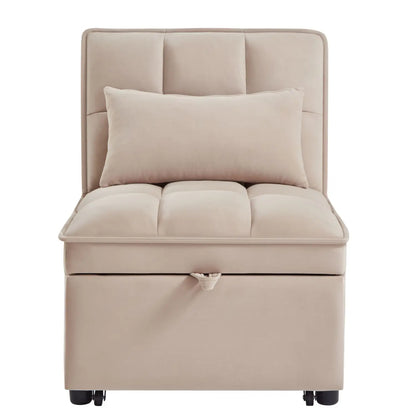 4-in-1 Multi-Function Taupe Convertible Chaise Lounge Adjustable Single Sofa Bed with Pull-Out & Tufted Backrest Storage Pockets - Kimlud