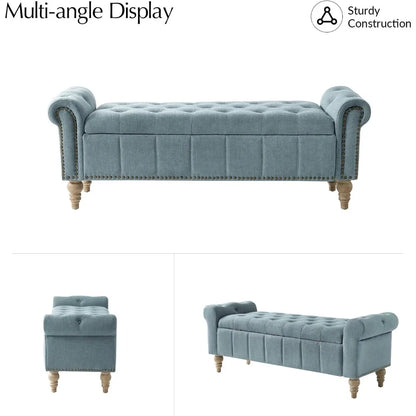 Farmhouse Upholstered Storage Bench, End of Bed Bench with Vintage Button Tufted Design(Blue)