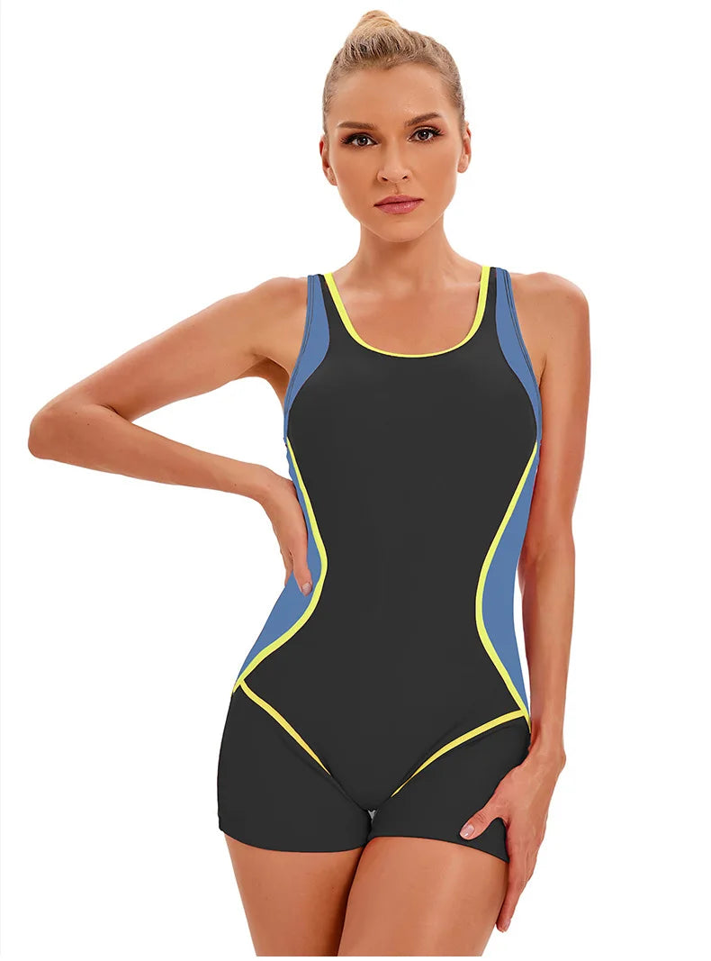 New European and American sports one-piece swimsuit, female backless color-matching boxer swimsuit wholesale - Kimlud