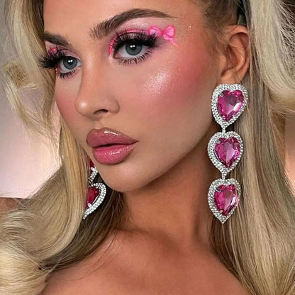 Exaggerate Design Pink Crystal Heart Earrings Statement Jewelry Women 2023 Love Pendant Rhinestone Dangle Earrings Party Gifts