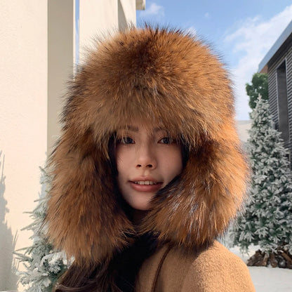 Natural Raccoon Fur Caps Russian Hat Unisex Trapper Fur Cap Aviator Trooper Winter Thickened And Warm Flaps Ski Hat Bomber Hats