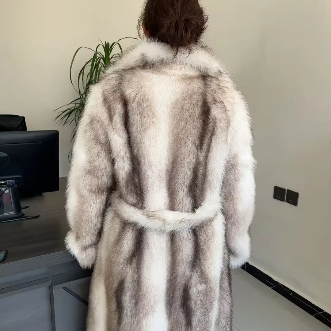 LHXDW New Style Women's Faux Fur Coat Long Waistband Design New Style with Black Imprint and Large Collar Faux Fur Jacket - Kimlud