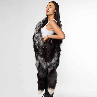 Real Silver Fox Fur Coat For Women Real Long Fox Fur Cape With Tails Real Fox Fur Shawl Best Selling Natural Fur Jacket