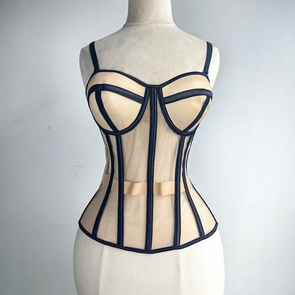 Women Luxury Mesh Corset Bustier Transparent Bodices With Cups Waist Slimmer Lace Up Steel Bone Tight Fitting Tube Tops...