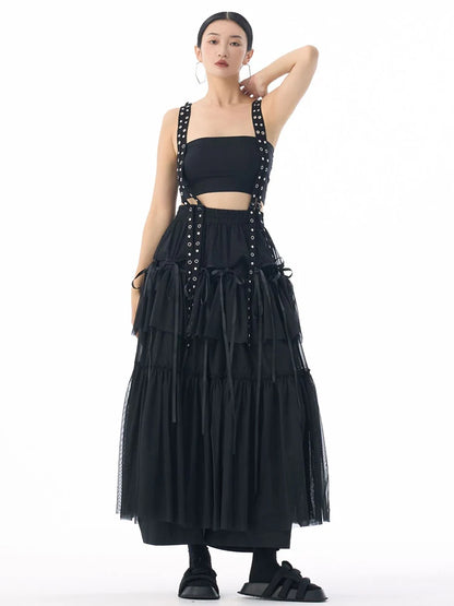 [EAM] High Elastic Waist Coffee Mesh Perspective Ribbon Strap Half-body Skirt Women Fashion Tide New Spring Autumn 2026 1DJ5044