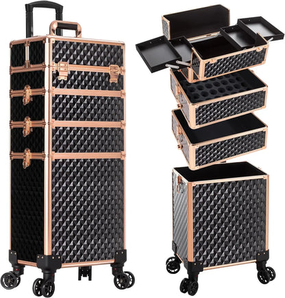 Rolling Makeup Train Case 4 in 1 Cosmetology Case on Wheels Large Storage Cosmetic Trolley with Key Salon Barber Case