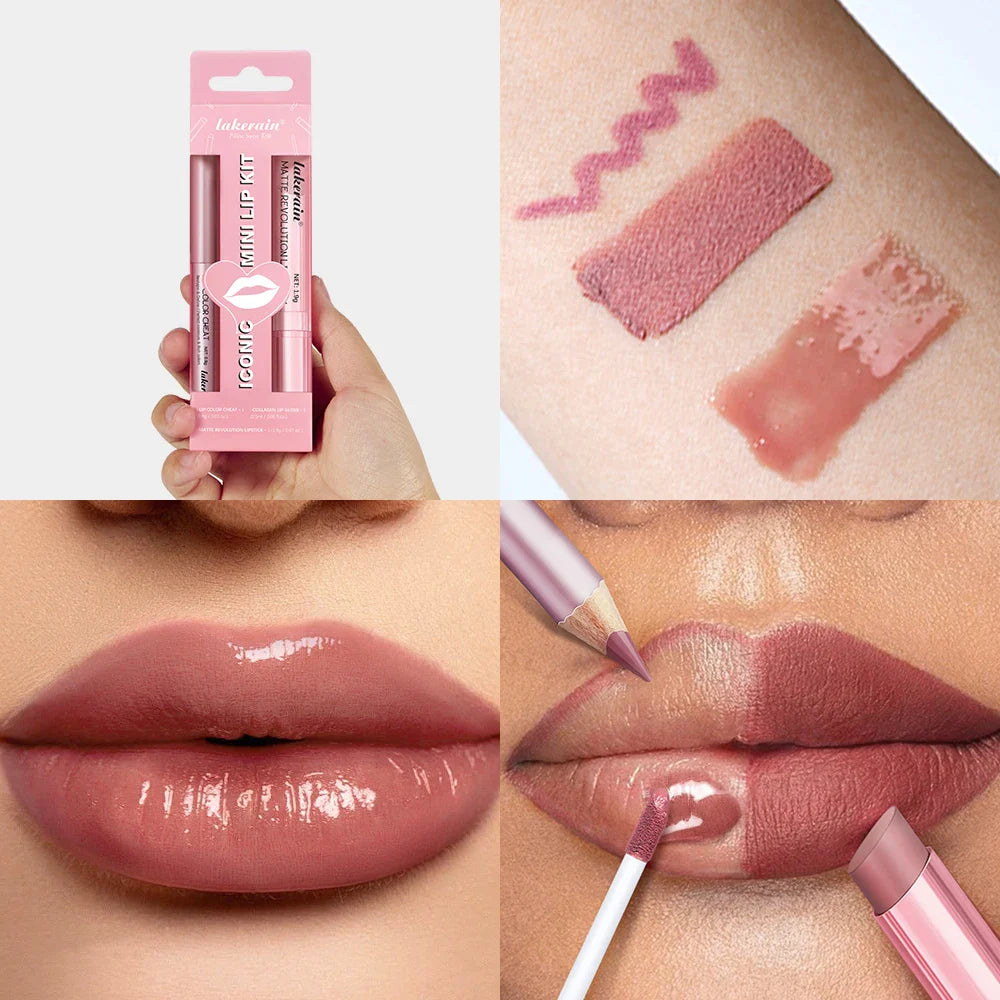 lakerain 3pcs mini matte lipstick+lip gloss+lip liner set precise outline three-dimensional lip plumping lipstick set