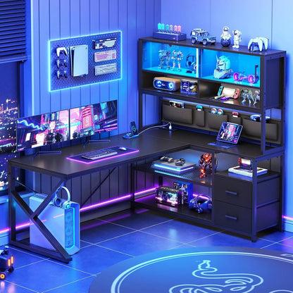 L Shaped Gaming Desk, Home Office Computer Desk with 2 Drawer and Bookshelf, L Shaped Gaming Desk with LED Light,, Customized - Kimlud
