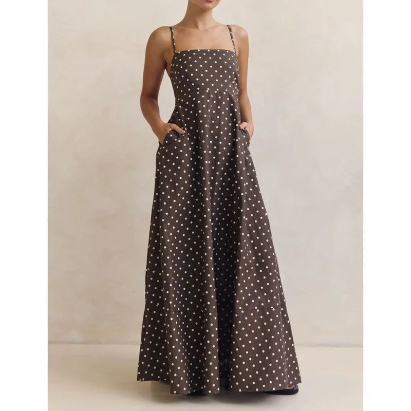Women's Summer Slip Dress Dot Print Sleeveless Spaghetti Strap Smocked Backless Flowy Long A Line Dress with Pockets |...