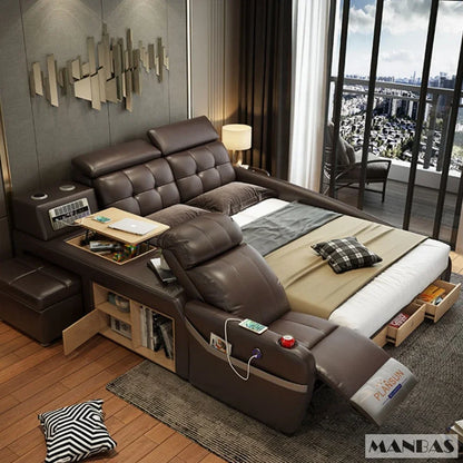 MINGDIBAO Massage Bed with Ultimate Comfort and Genuine Leather Multifunctional Frame - Bluetooth Speaker, Safe Air...