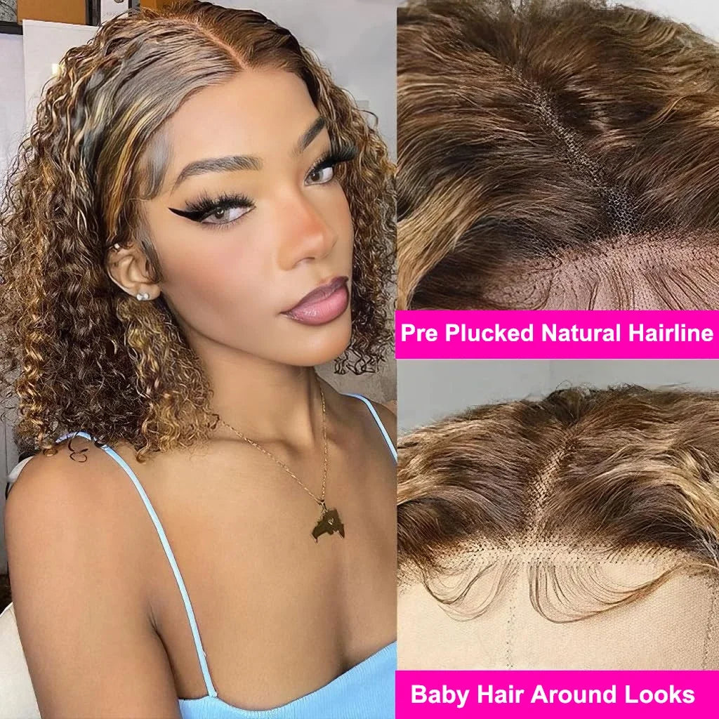 Deep Culry Highlight 4/27 Color 100% Human Hair 16Inch Bob Wigs 13x4 HD Lace Frontal Bob Human Hair Wig 200%Density Remy...