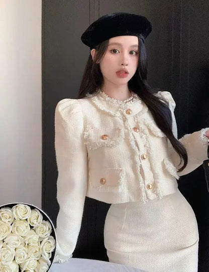 Elegantsocialite Styletweed Long Sleeve Jacket Slimming Skirt New Autumn Fashion Korean Style 2-piece Set