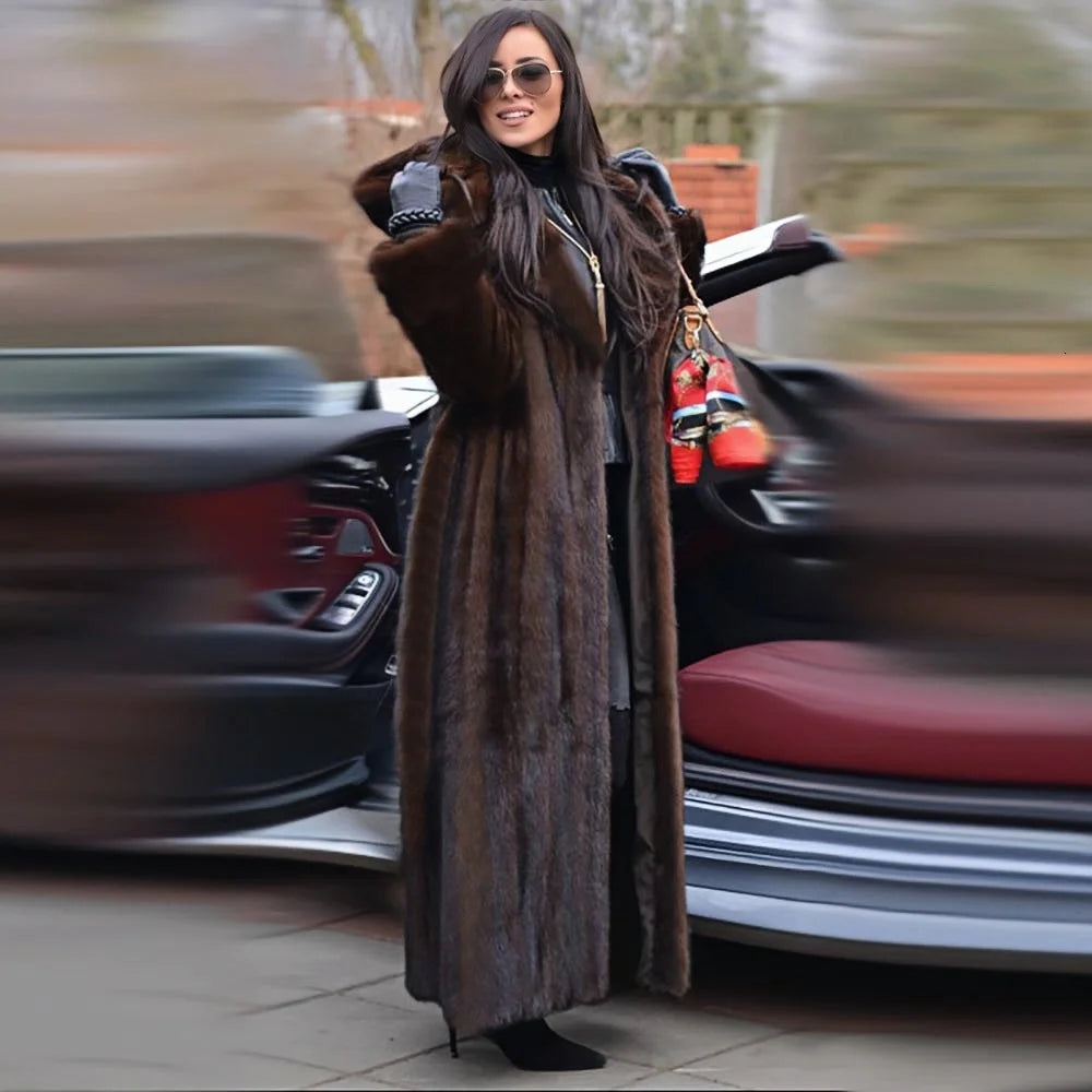 Women's Dark Brown Faux Mink Fur Hooded Coat 2025 Winter Long Length Belted Warm Luxury Jacket for Daily Party...